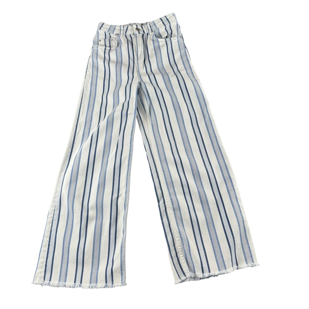 HM Women Blue White Striped High Waist‎ Wide Leg Jeans Raw Hem Size 4 06559677
